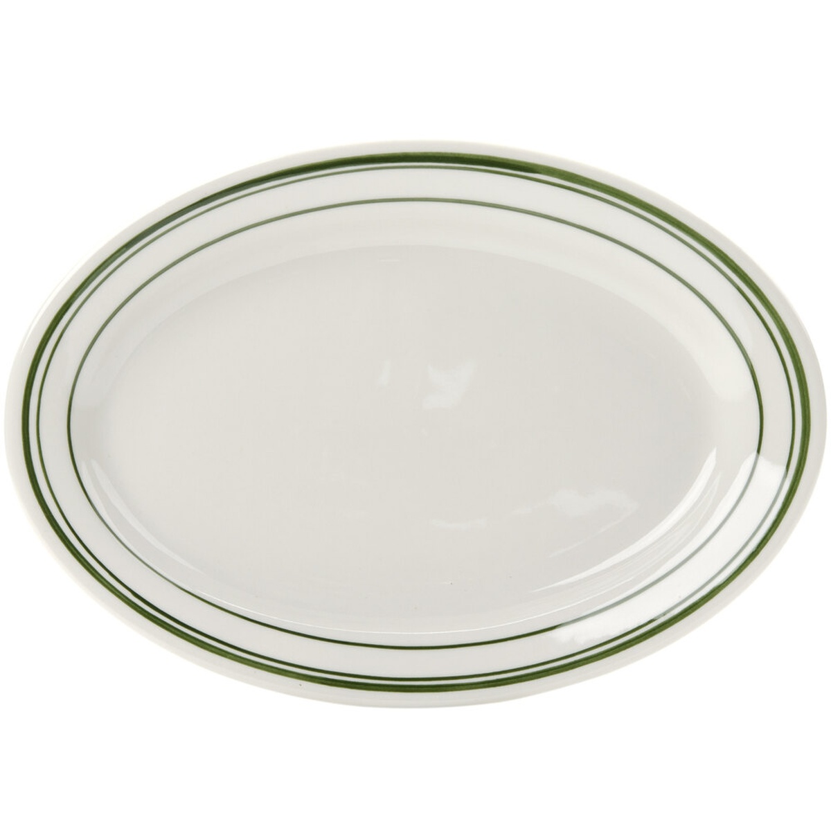 Tuxton TGB-013 Green Bay 11 5/8 x 8 inch oval eggshell china platter with green band accent and wide rolled rim