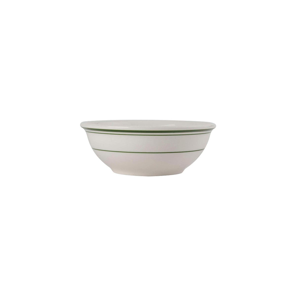 Tuxton Green Bay TGB-015 eggshell nappie bowl with green bands, 13 oz, side view on white background
