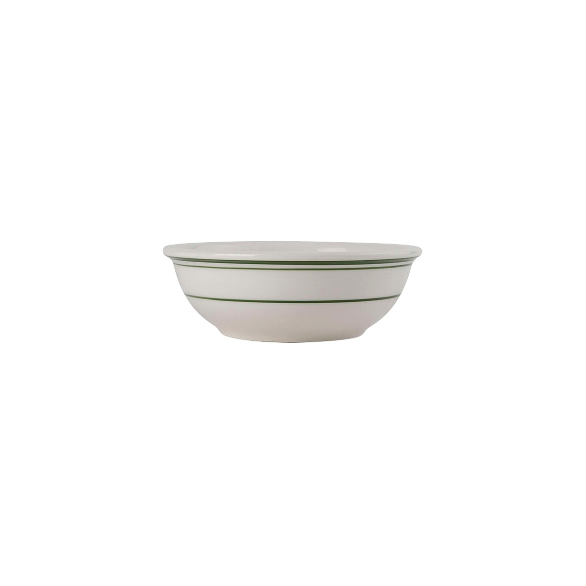 Tuxton Green Bay eggshell china nappie bowl with green bands, wider profile view on white background