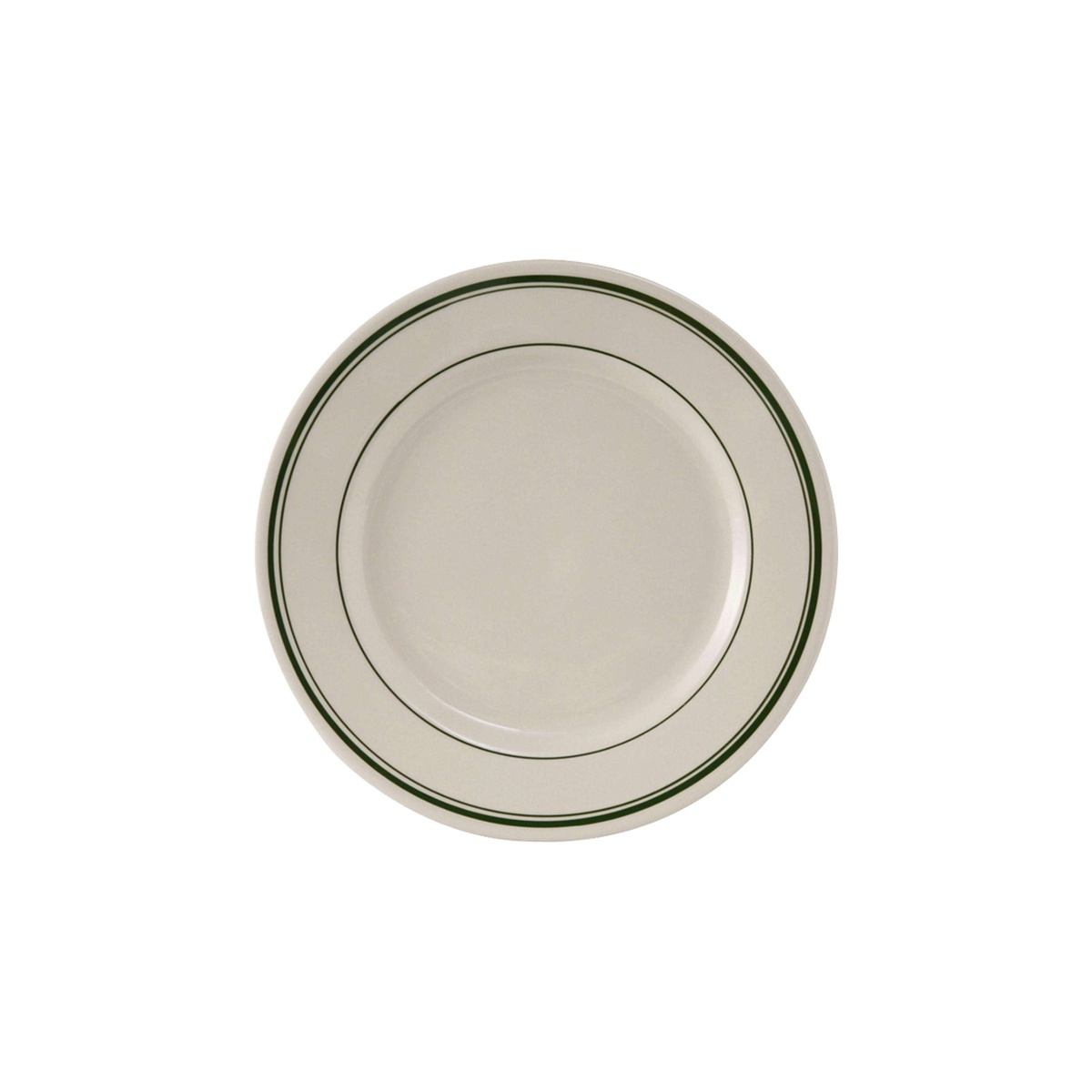 Tuxton Green Bay round ceramic plate with wide rim, product-on-white top view