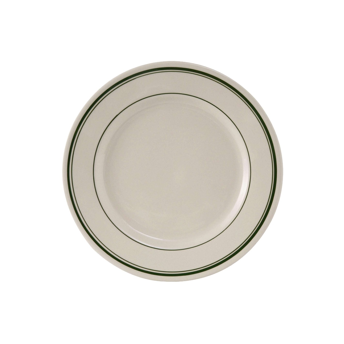 Tuxton Green Bay vitrified ceramic plate with green stripe detail, overhead shot