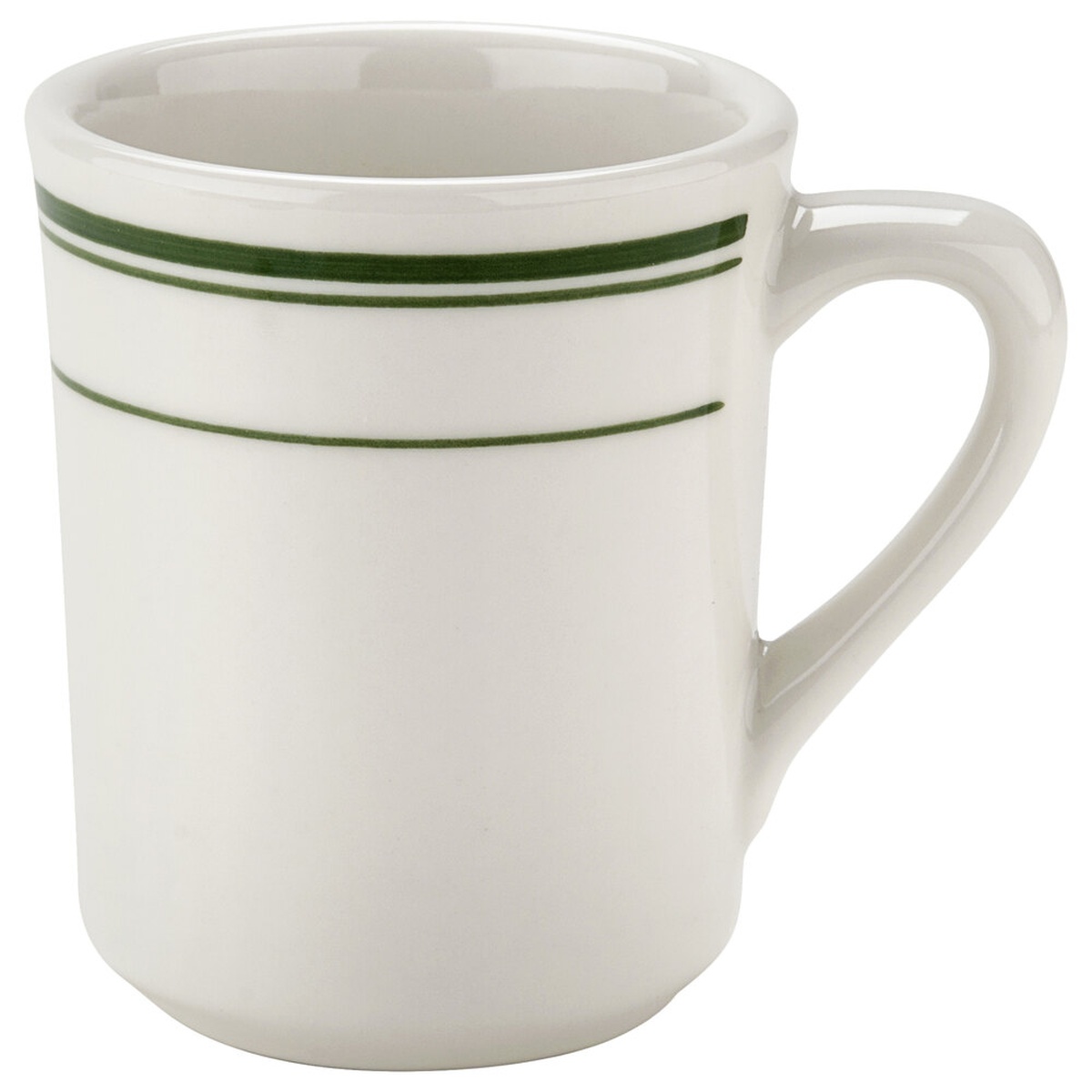 Tuxton TGB-017 Green Bay 8 oz. eggshell china tiara mug with emerald green bands