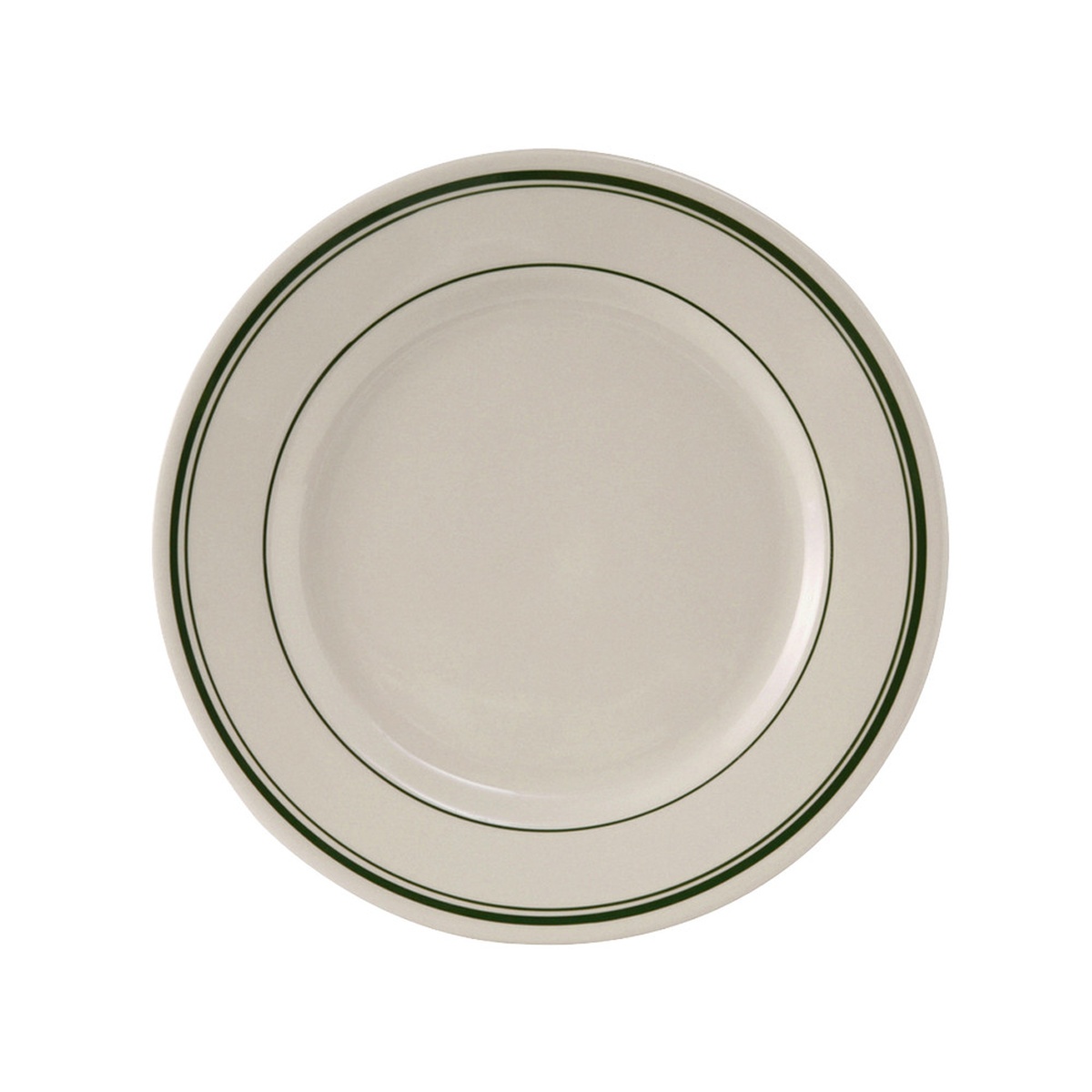 Tuxton TGB-021 12-inch round china plate in eggshell white with green band detailing and wide rolled rim