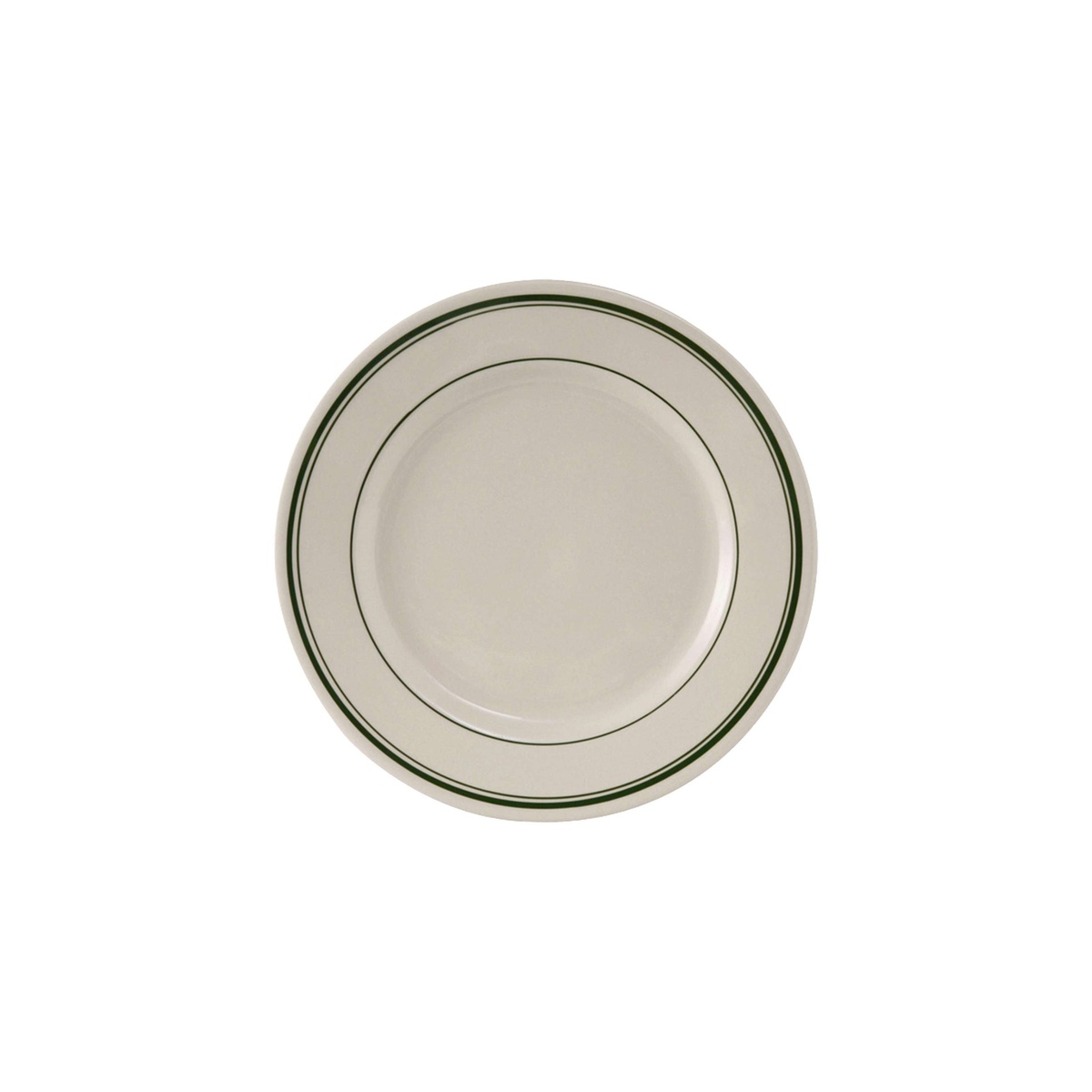 Tuxton Green Bay eggshell china plate showing green banded wide rim, top-down view