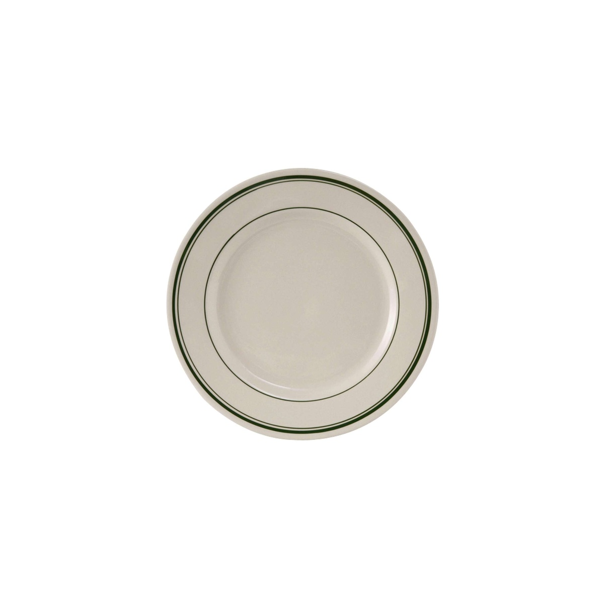 Tuxton Green Bay eggshell china plate with green band detail, top view