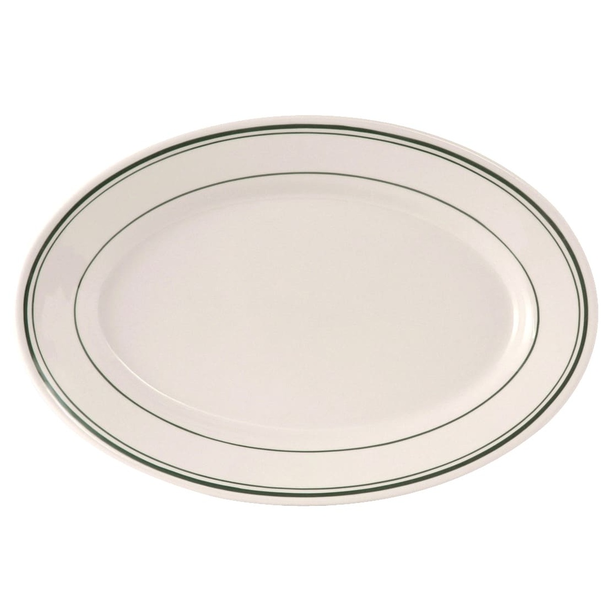 Tuxton TGB-026 oval platter in American White/Eggshell with green band detail, wide rim and rolled edge