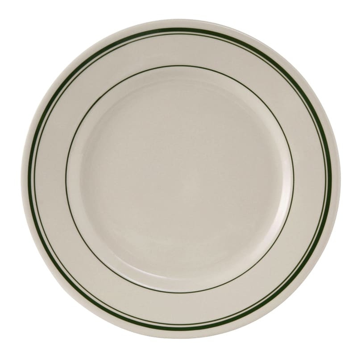 Tuxton TGB-031 Green Bay 6-1/4 inch eggshell round plate with green band detail on white background