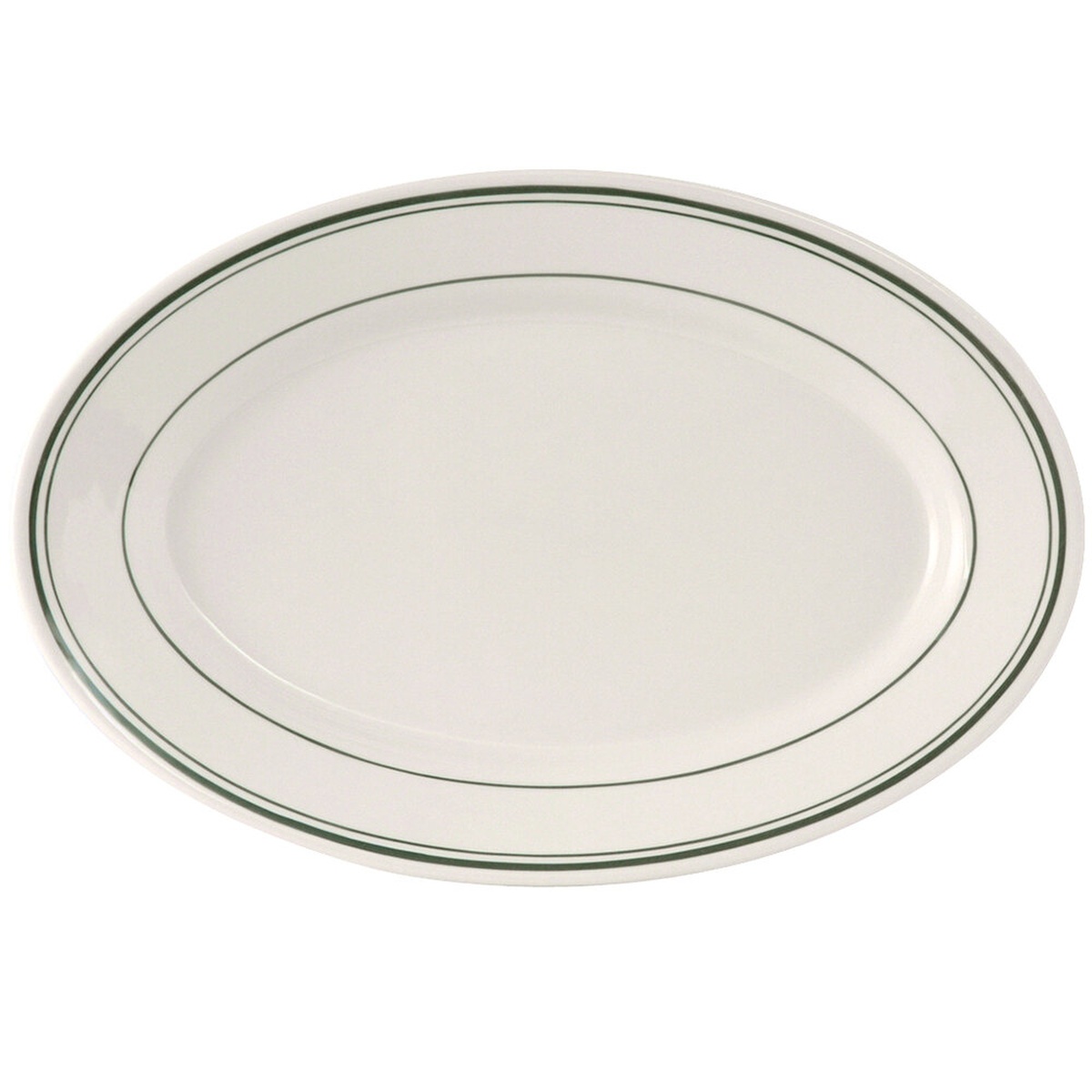 Tuxton TGB-033 Green Bay oval china platter, eggshell with green bands, wide rim and rolled edge