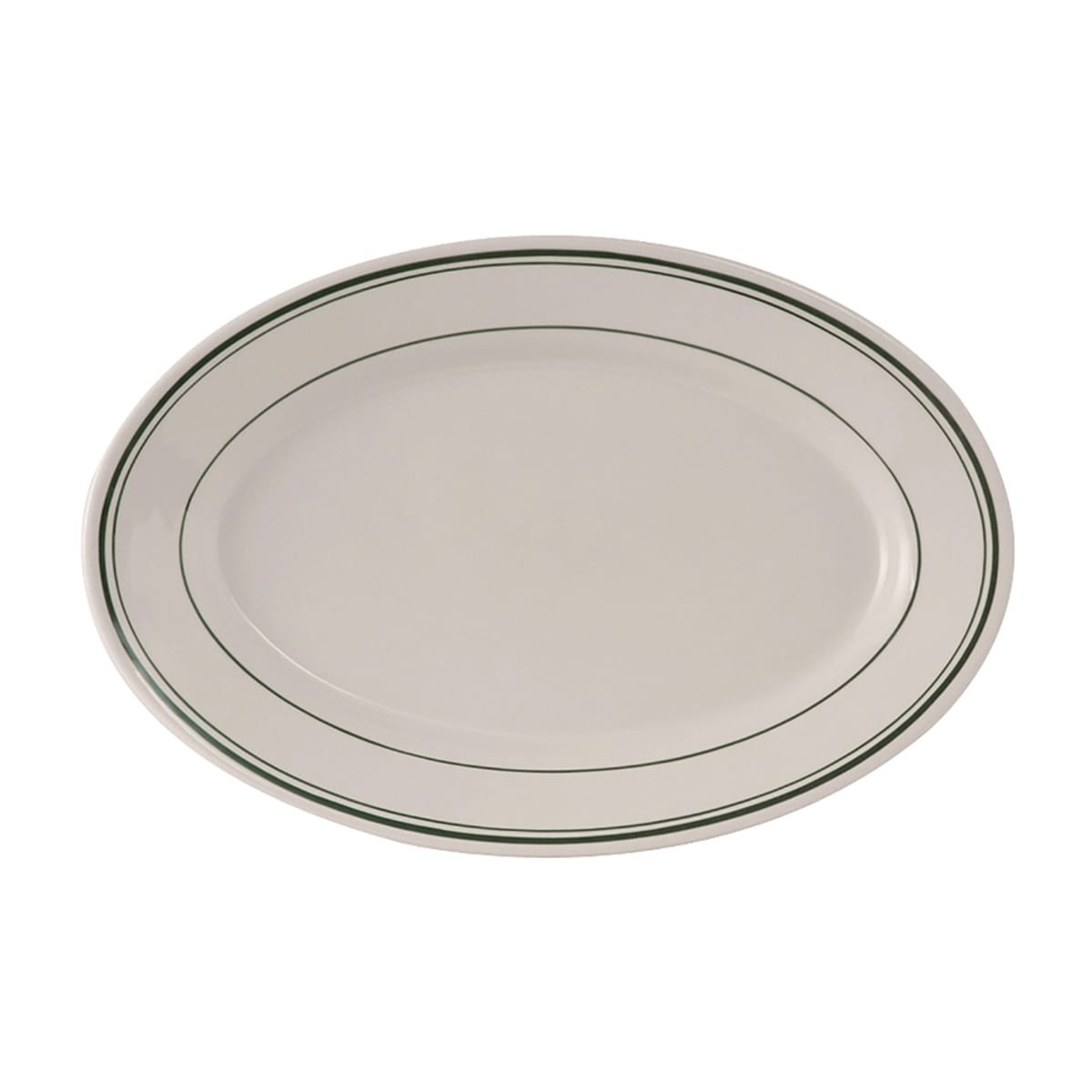 Tuxton TGB-034 Green Bay oval china platter, American white/eggshell with three green bands, wide rim and rolled edge