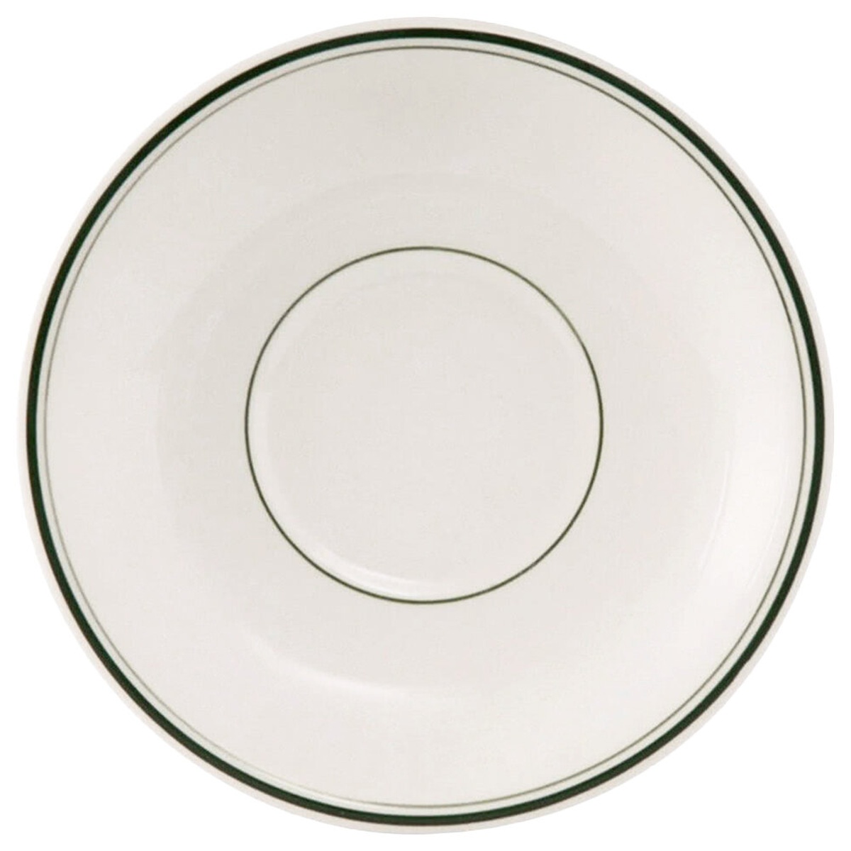 Tuxton TGB-036 Green Bay 5-inch eggshell demitasse saucer with emerald green bands and wide rolled rim