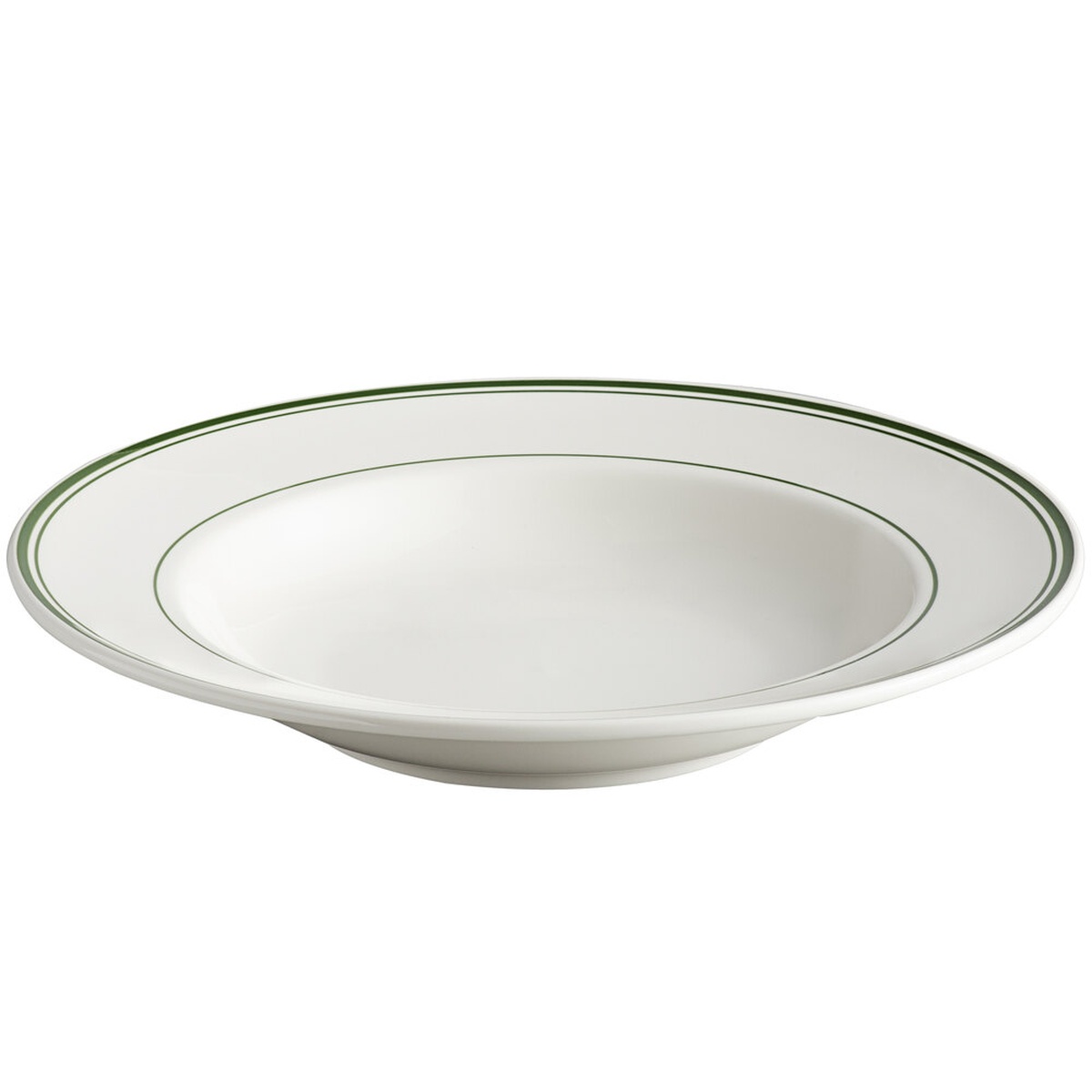 Tuxton TGB-125 Green Bay eggshell wide rim china bowl with green bands, top view showing rolled edge