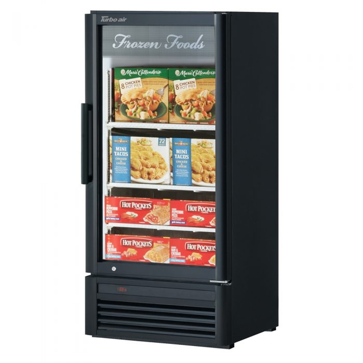 Turbo Air TGF-10SD-N black glass door freezer merchandiser stocked with frozen food products