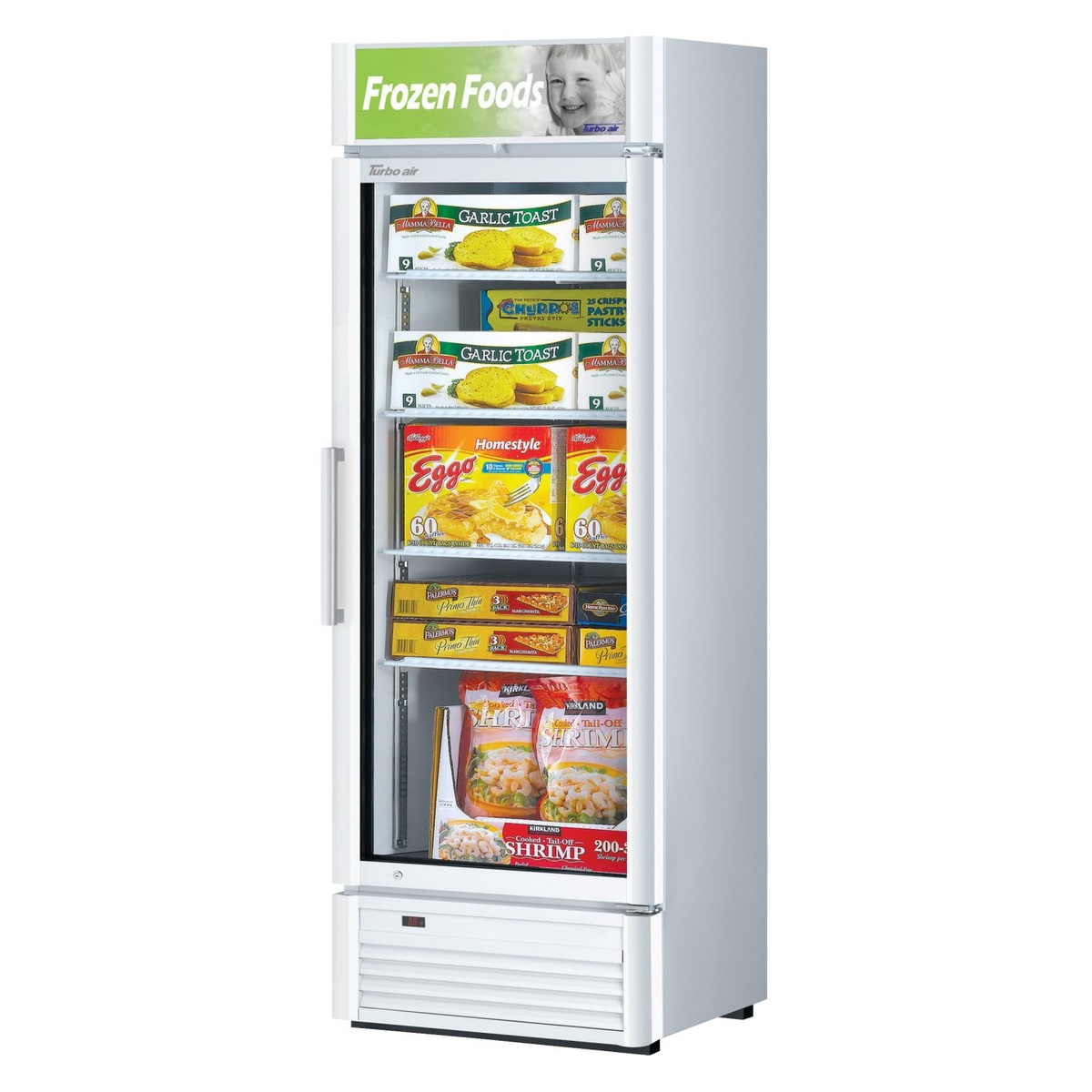 Turbo Air TGF-15SD-N white one-section glass door merchandiser freezer stocked with frozen food products