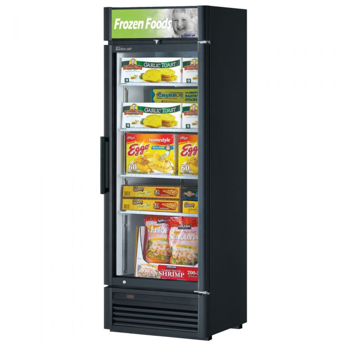 Turbo Air TGF-15SD-N black one-section glass door merchandiser freezer stocked with frozen food products