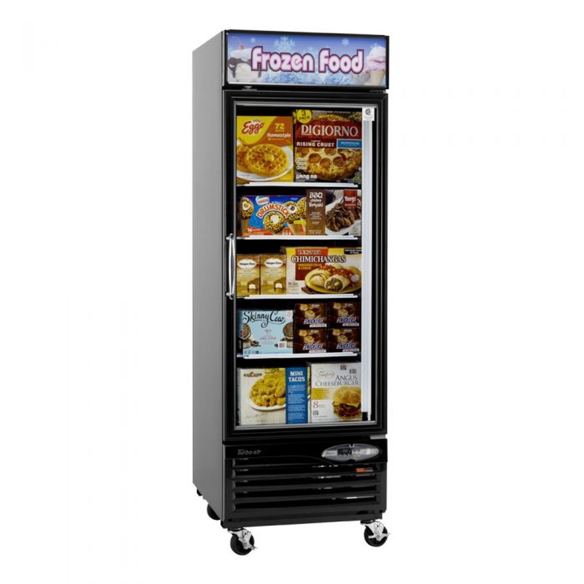 Black Turbo Air merchandiser freezer with casters, angled front view
