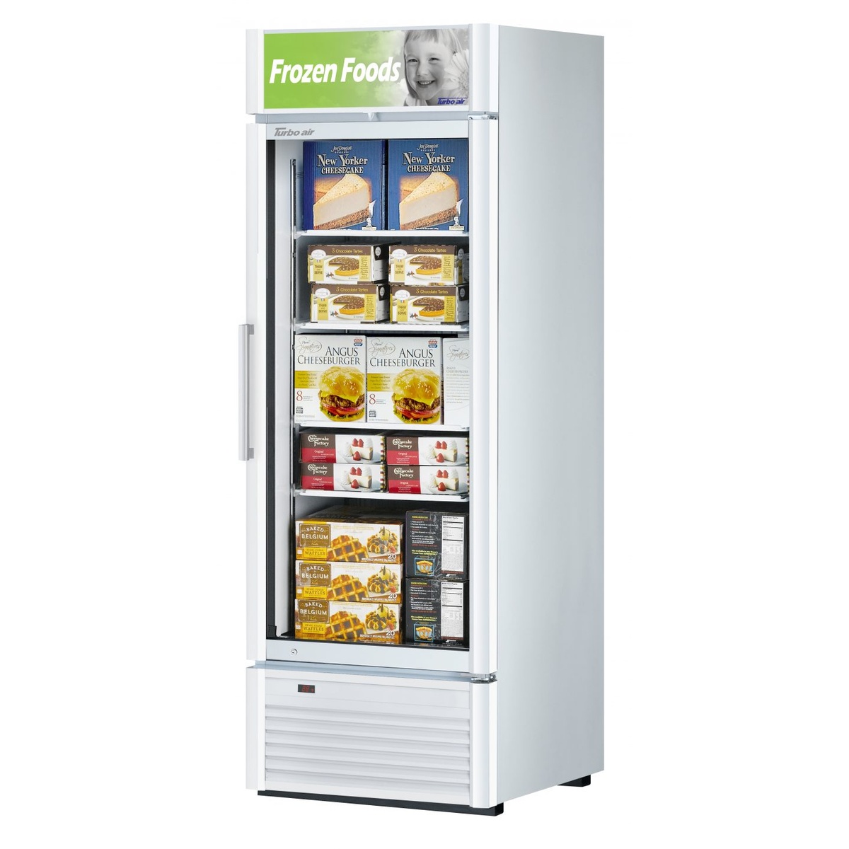 Turbo Air TGF-23SD-N white one-section glass door merchandiser freezer stocked with frozen food products