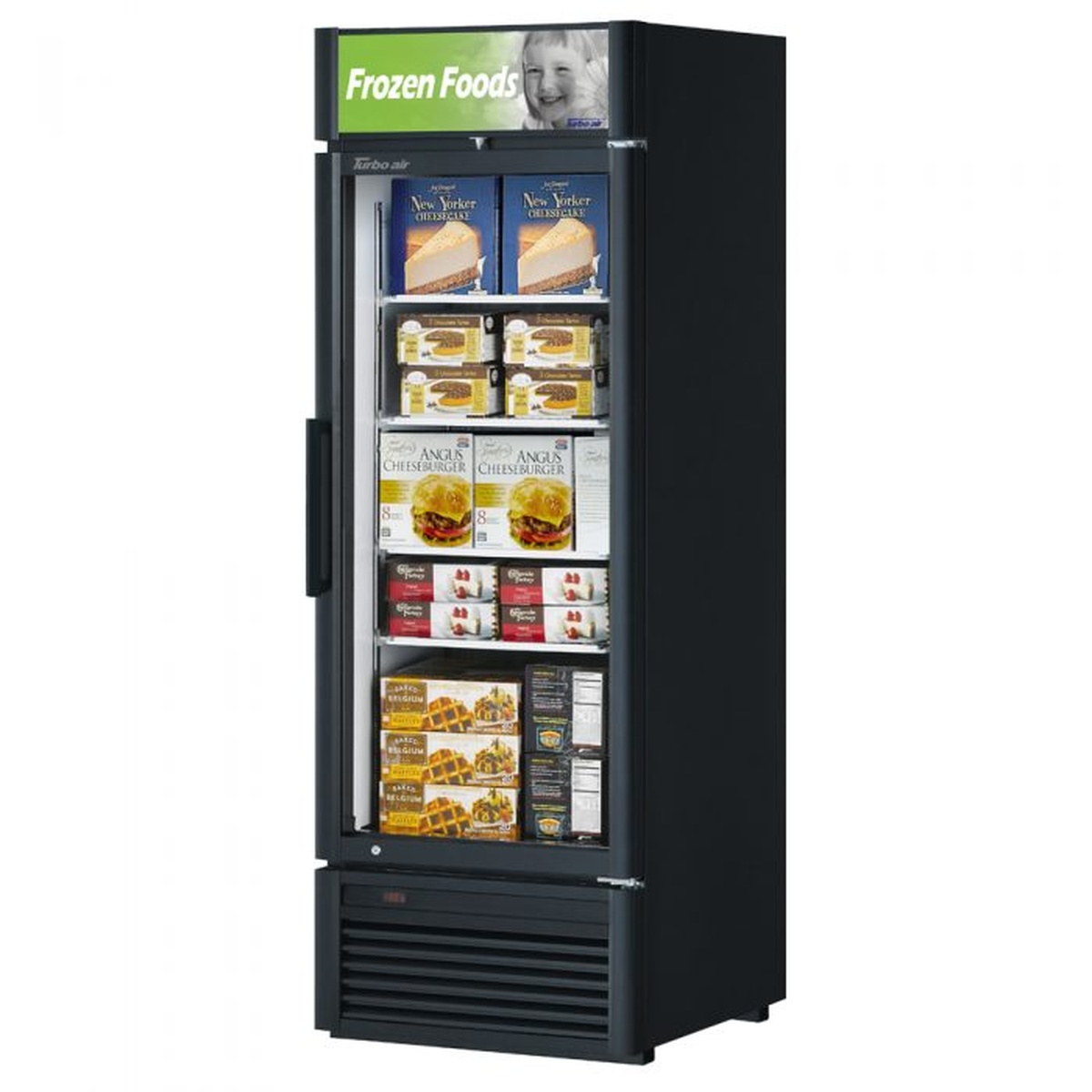 Turbo Air TGF-23SD-N black one-section glass door merchandiser freezer stocked with frozen food products