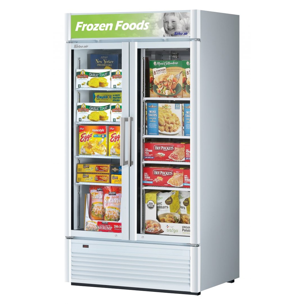 Turbo Air TGF-35SD-N two-section glass door merchandiser freezer with illuminated header