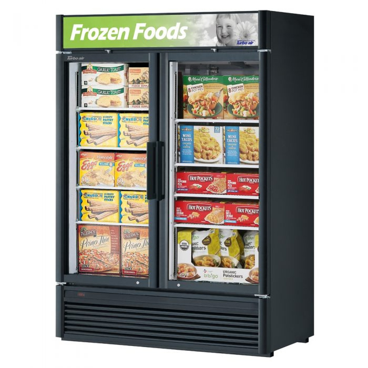 Turbo Air TGF-47SD-N black two-section swing glass door merchandiser freezer stocked with frozen food products
