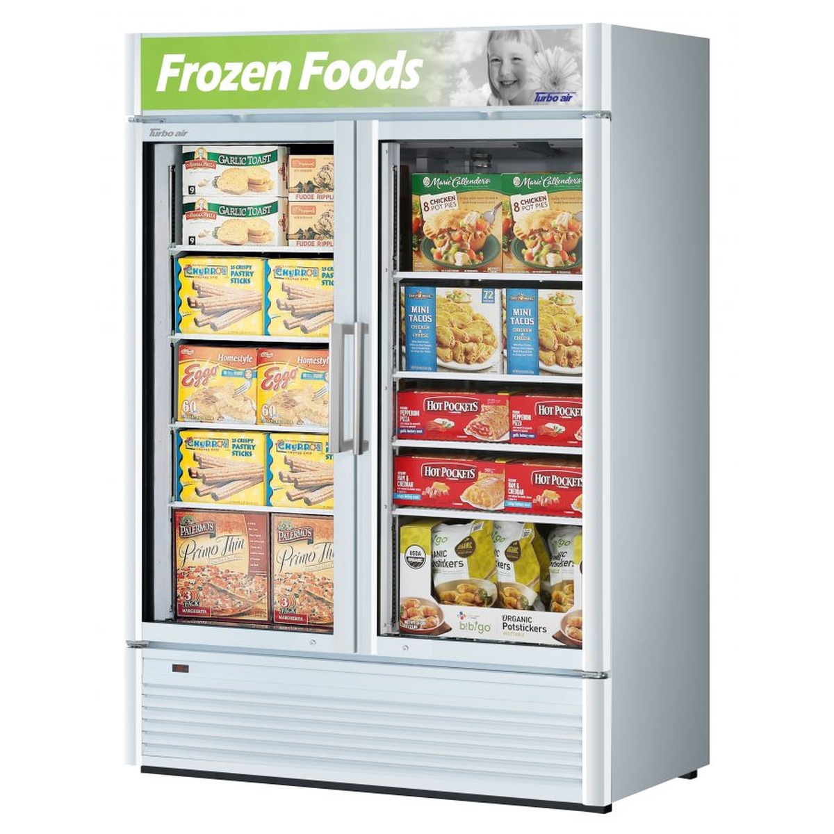 Turbo Air TGF-47SD-N white two-section swing glass door merchandiser freezer stocked with frozen food products