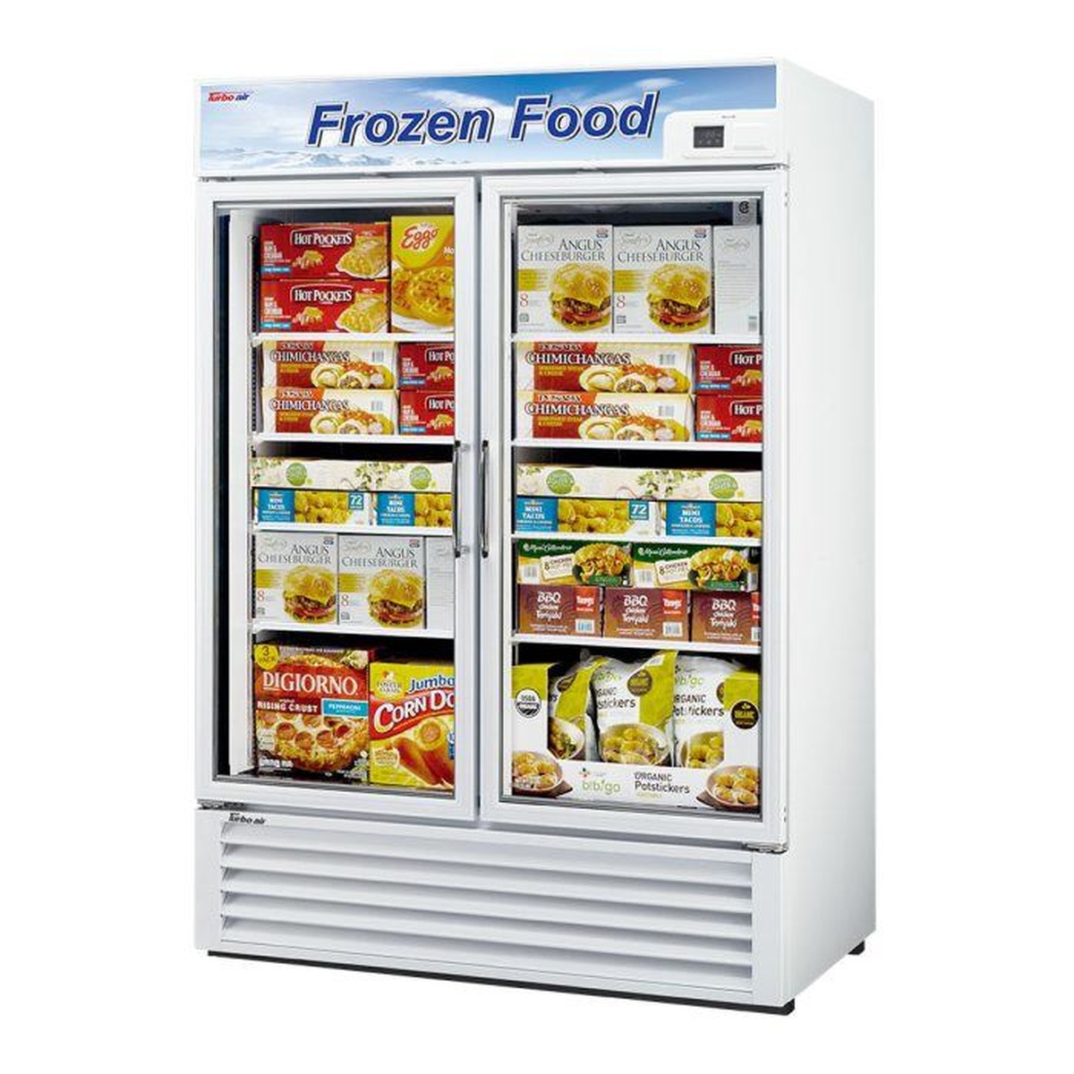 Two-door glass freezer merchandiser with illuminated top sign