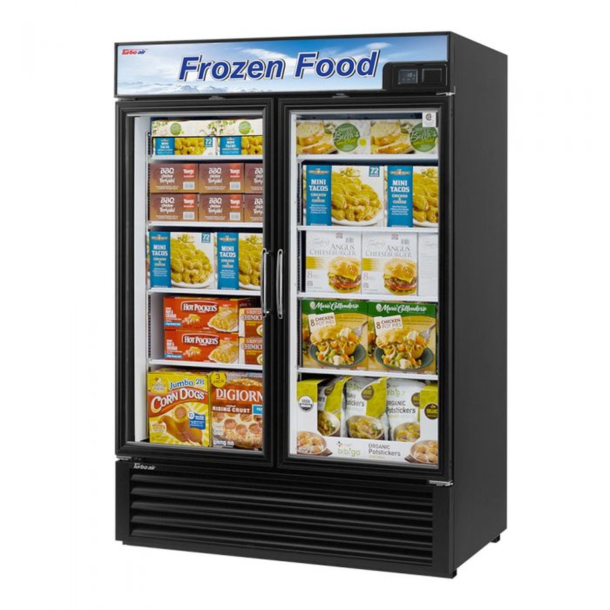 Black two-door glass merchandiser freezer with illuminated top sign
