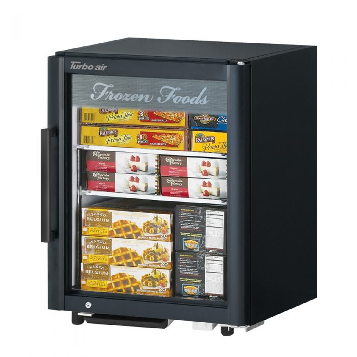 Turbo Air TGF-5SD-N black cabinet countertop merchandiser freezer stocked with frozen food products