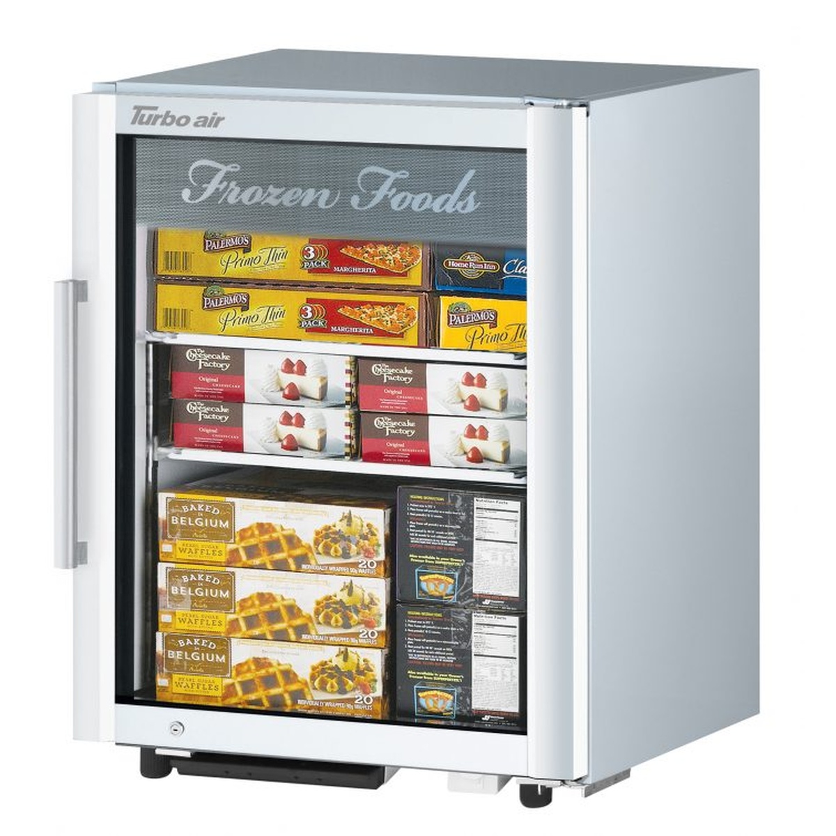 Turbo Air TGF-5SD-N white countertop merchandiser freezer stocked with frozen food products on adjustable wire shelves