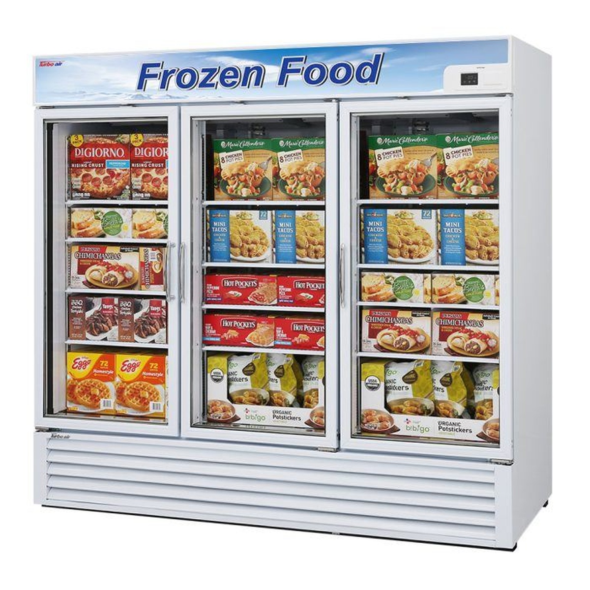 White three glass door merchandiser freezer with illuminated sign panel