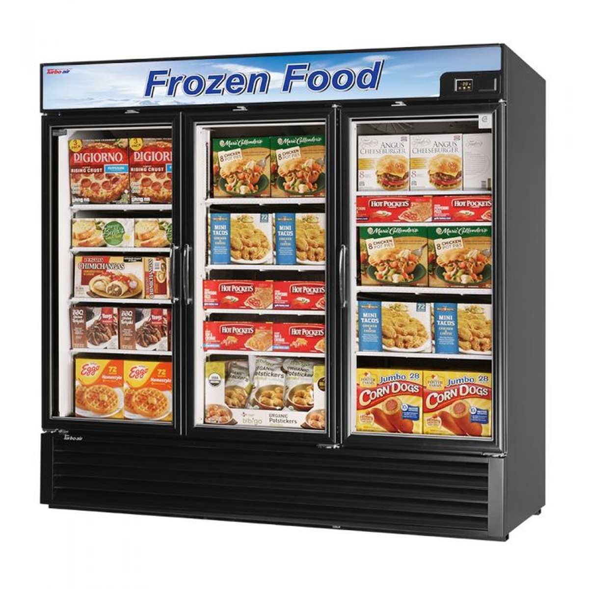 Black three glass door merchandiser freezer with illuminated sign panel