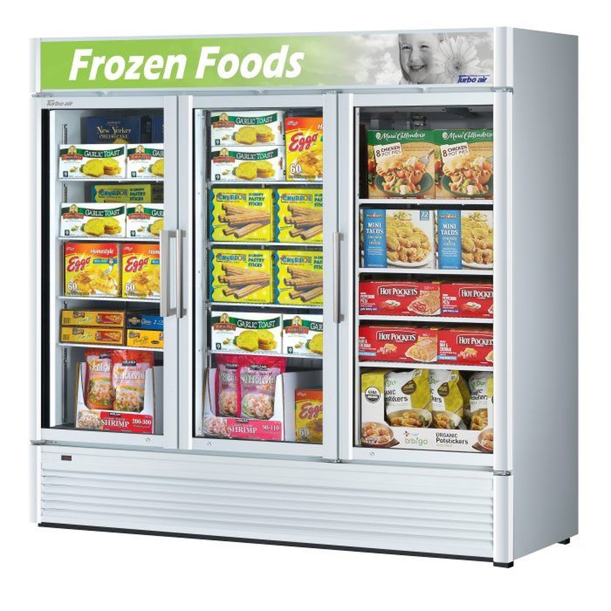 Turbo Air TGF-72SD-N three-section glass door merchandiser freezer in white, stocked with frozen food products