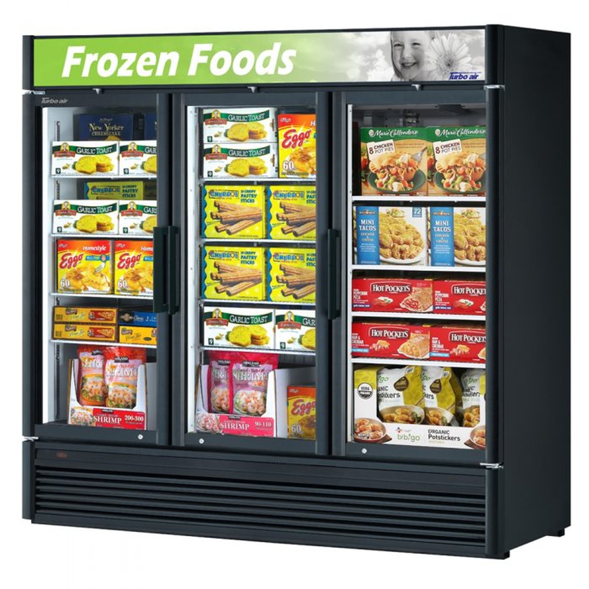 Turbo Air TGF-72SD-N three-section glass door merchandiser freezer in black, stocked with frozen food products