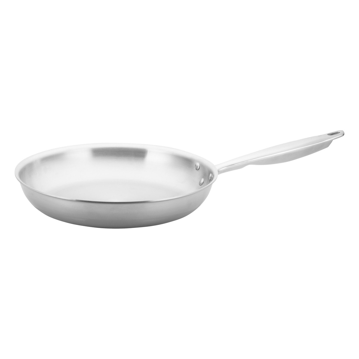 Winco TGFP-12 12-inch tri-ply stainless steel fry pan with riveted solid metal handle