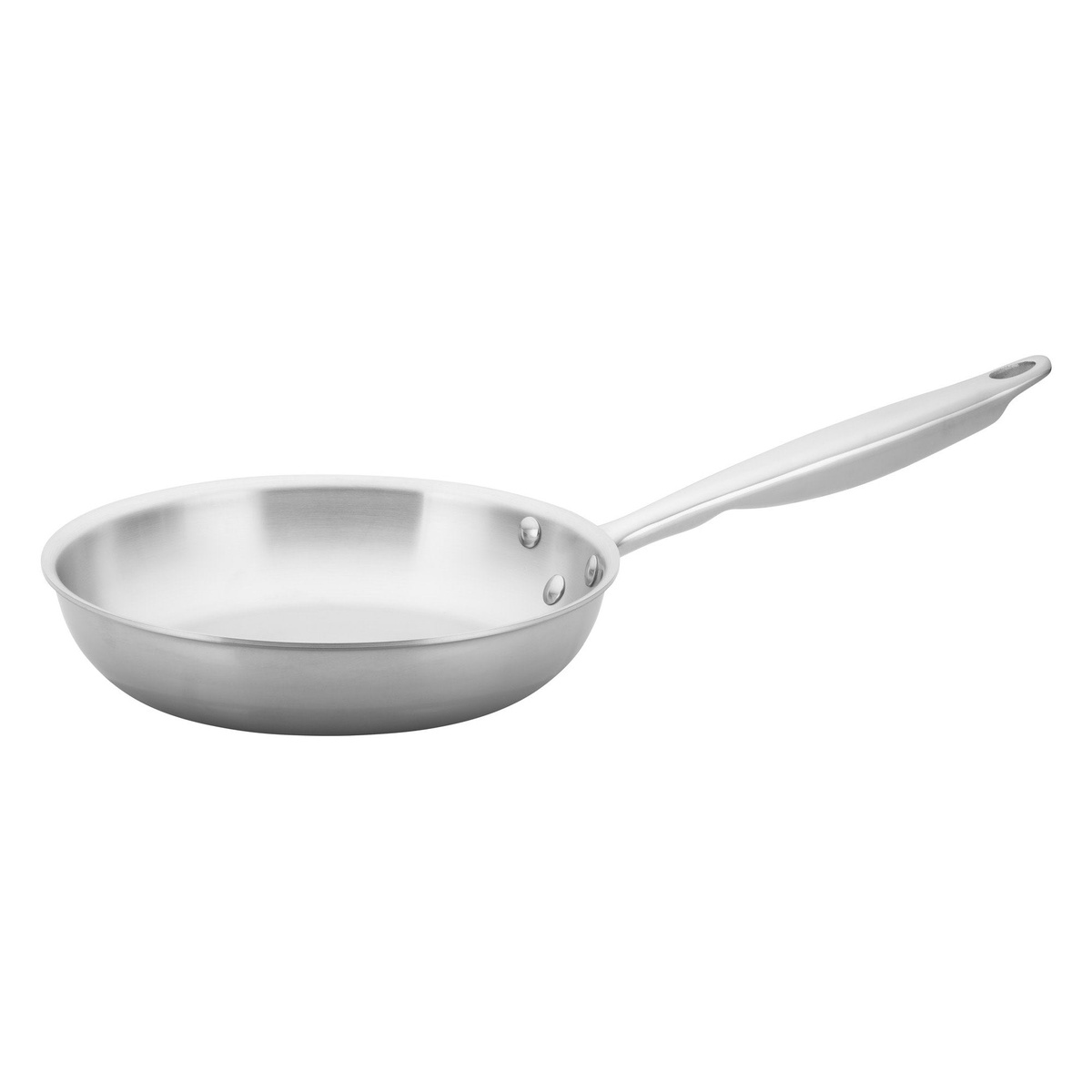 Winco TGFP-8 8-inch tri-ply stainless steel fry pan with riveted handle on white background