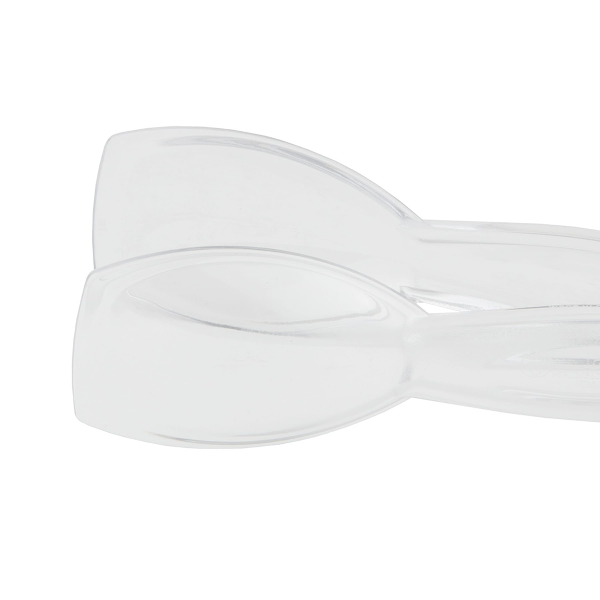 Close-up of the spoon-shaped tong ends on the Cambro TGG6135 clear plastic serving tongs