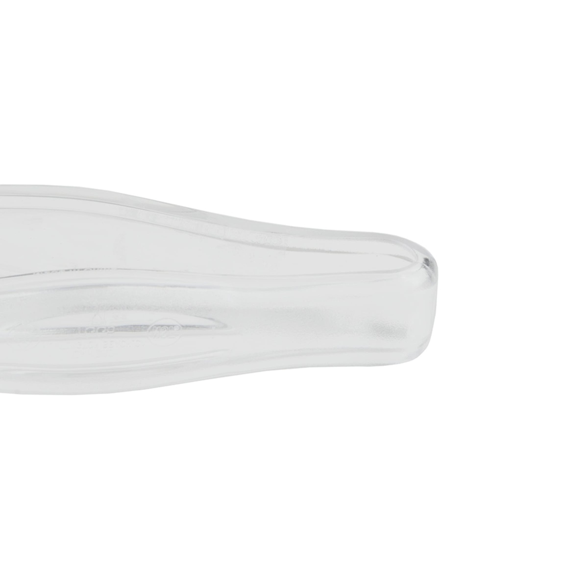 Close-up of the handle end of the Cambro TGG6135 clear plastic tongs showing smooth polycarbonate construction