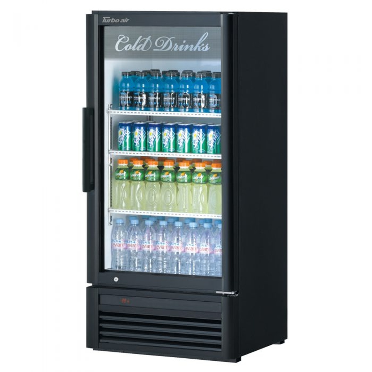 Turbo Air TGM-10SD-N6 black glass door merchandiser refrigerator stocked with bottled and canned beverages