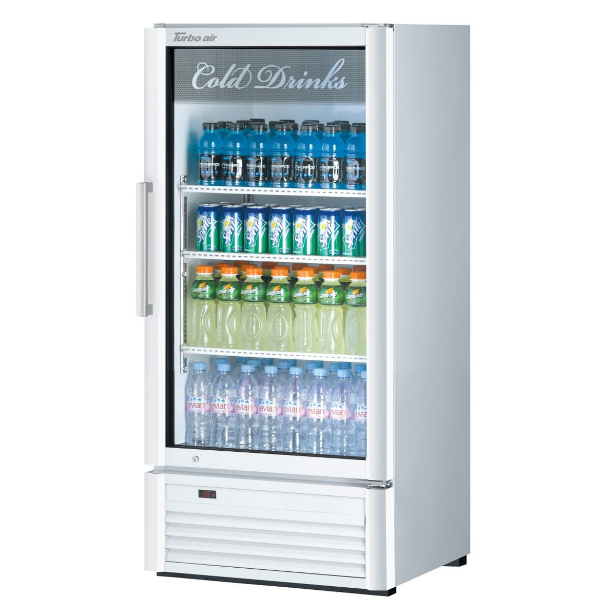 Turbo Air TGM-10SD-N6 white glass door merchandiser refrigerator stocked with bottled and canned beverages
