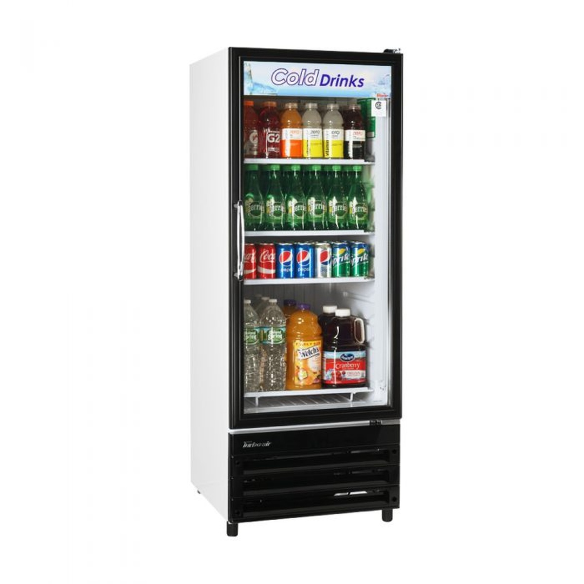 Turbo Air merchandiser refrigerator with illuminated interior and stocked shelves