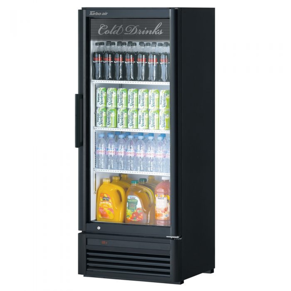 Turbo Air TGM-12SD-N6 black glass door merchandiser refrigerator fully stocked with cold beverages and juices