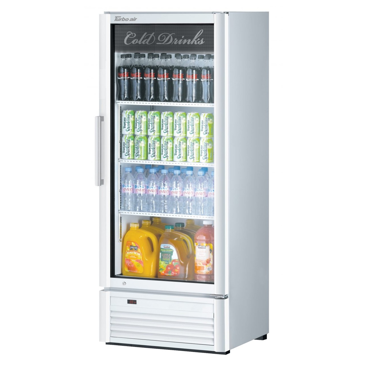 Turbo Air TGM-12SD-N6 white glass door merchandiser refrigerator stocked with beverages on three adjustable shelves