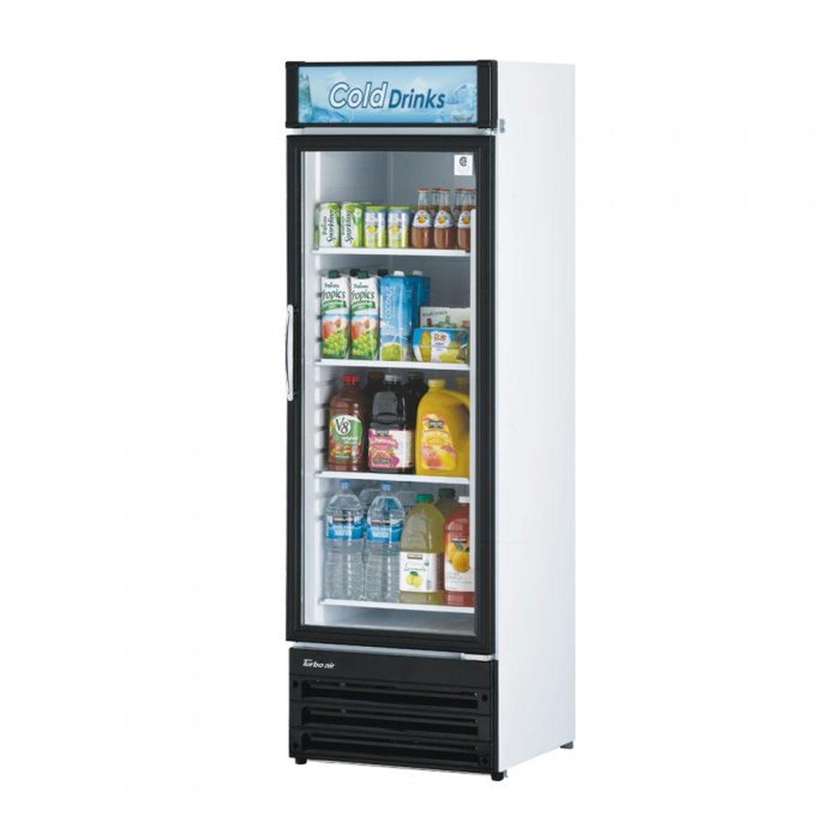 Turbo Air TGM-14RV-N6 glass door merchandiser refrigerator, angled view, stocked with beverages