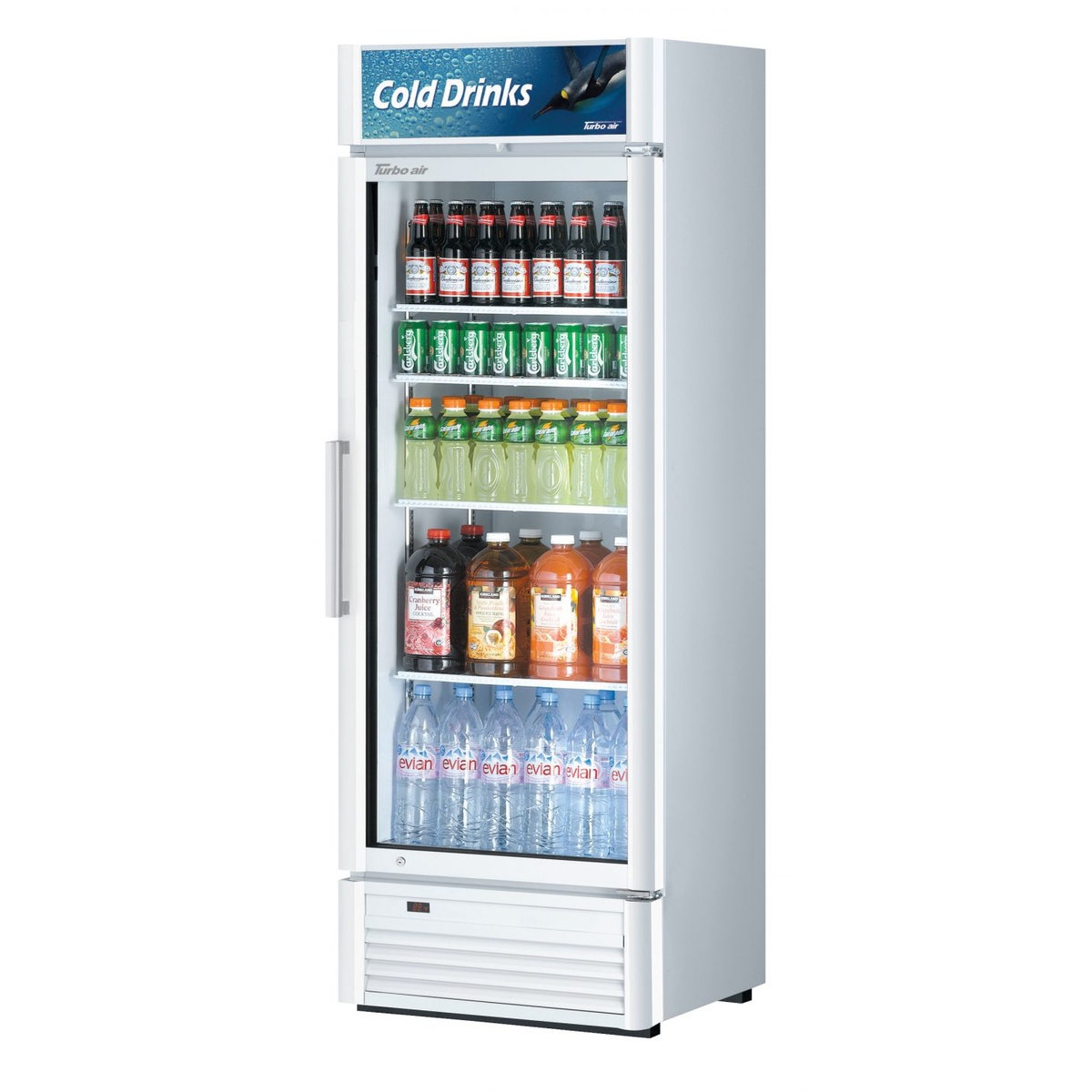 Turbo Air TGM-15SD-N6 white one-section glass door merchandiser refrigerator stocked with beverages