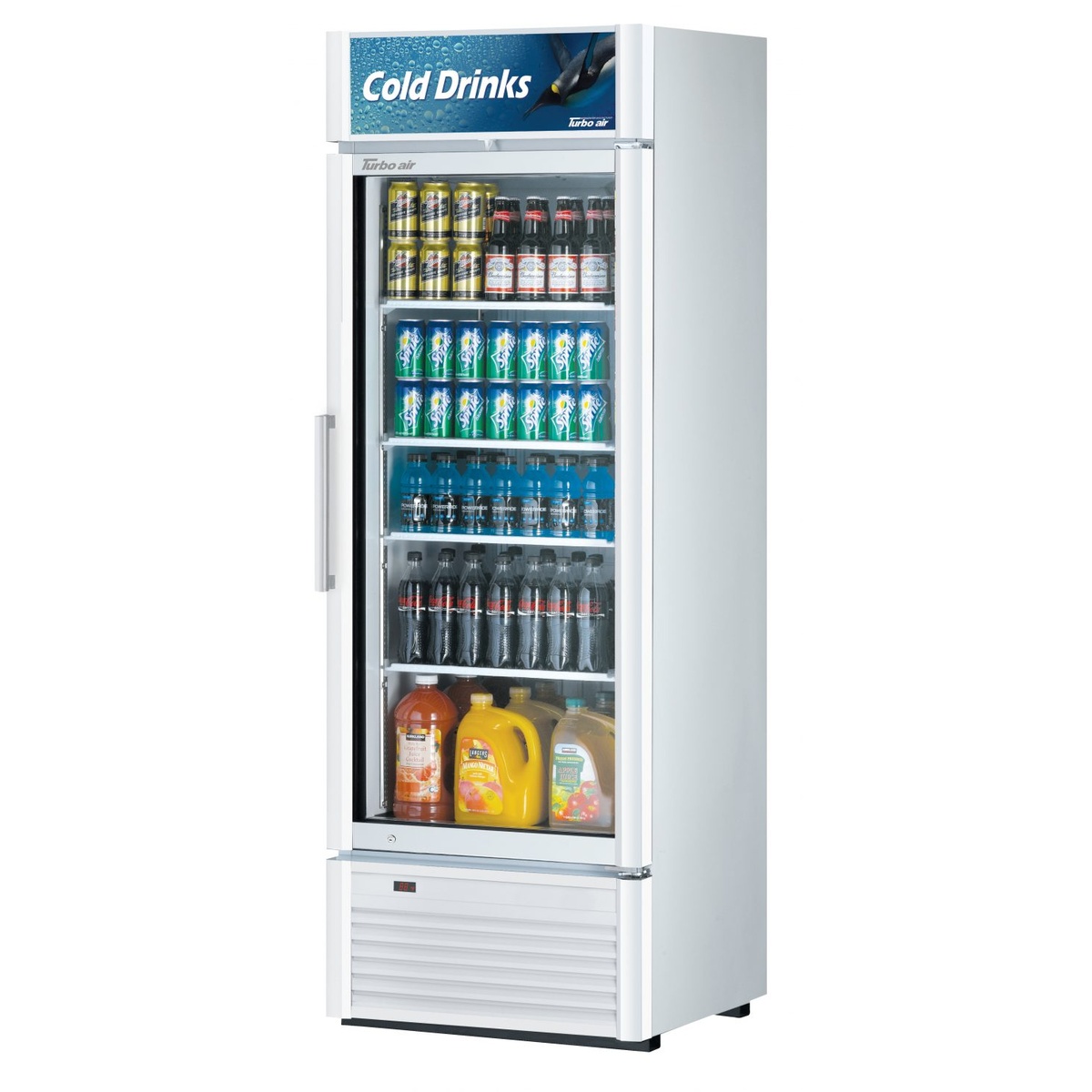 Turbo Air TGM-20SD-N6 white one-section glass door merchandiser refrigerator fully stocked with beverages