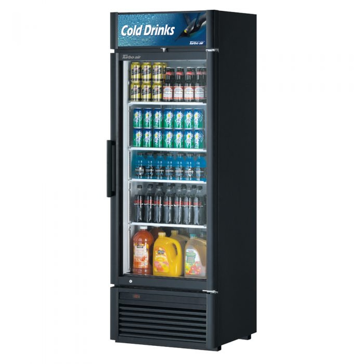 Turbo Air TGM-20SD-N6 black one-section glass door merchandiser refrigerator fully stocked with beverages