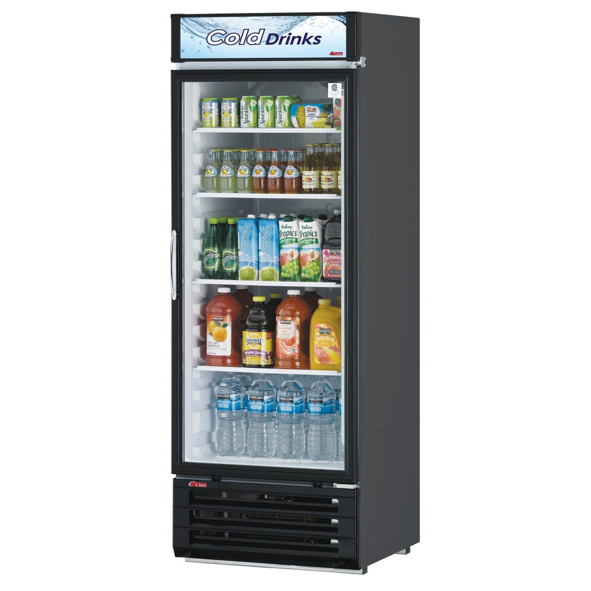 Turbo Air TGM-22RV(B)-N6 black cabinet single glass door merchandiser refrigerator stocked with beverages