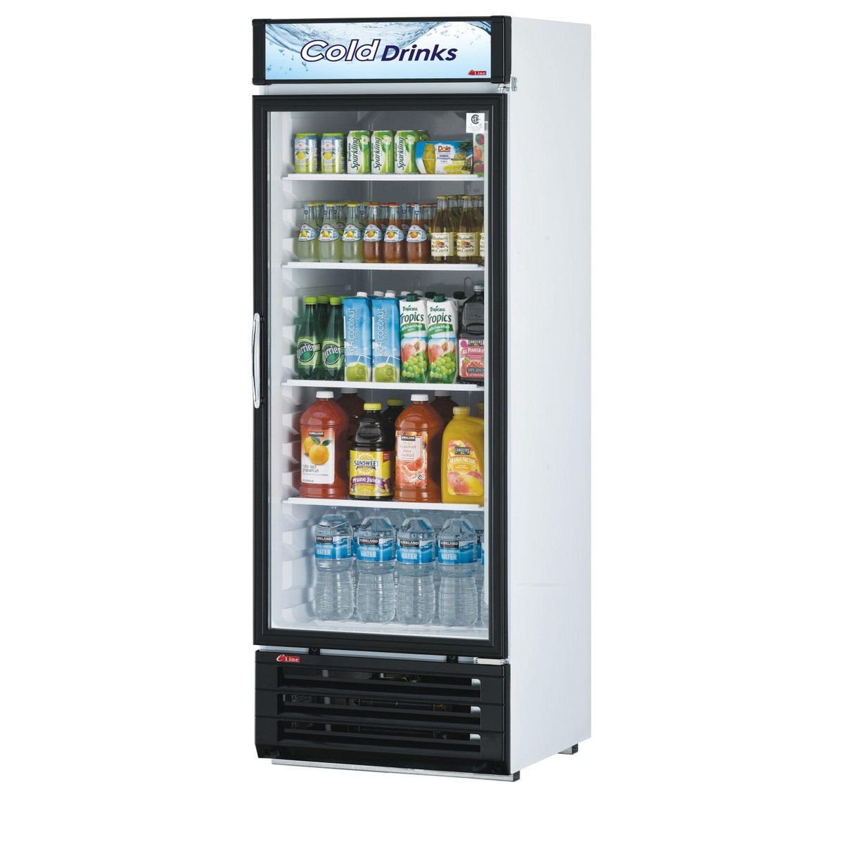Turbo Air TGM-22RV-N6 white cabinet single glass door merchandiser refrigerator stocked with beverages