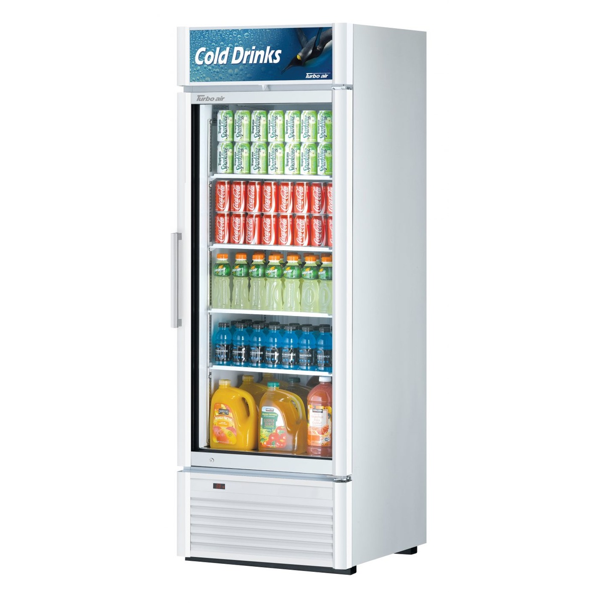 Turbo Air TGM-23SD-N6 white one-section glass door merchandiser refrigerator stocked with beverages