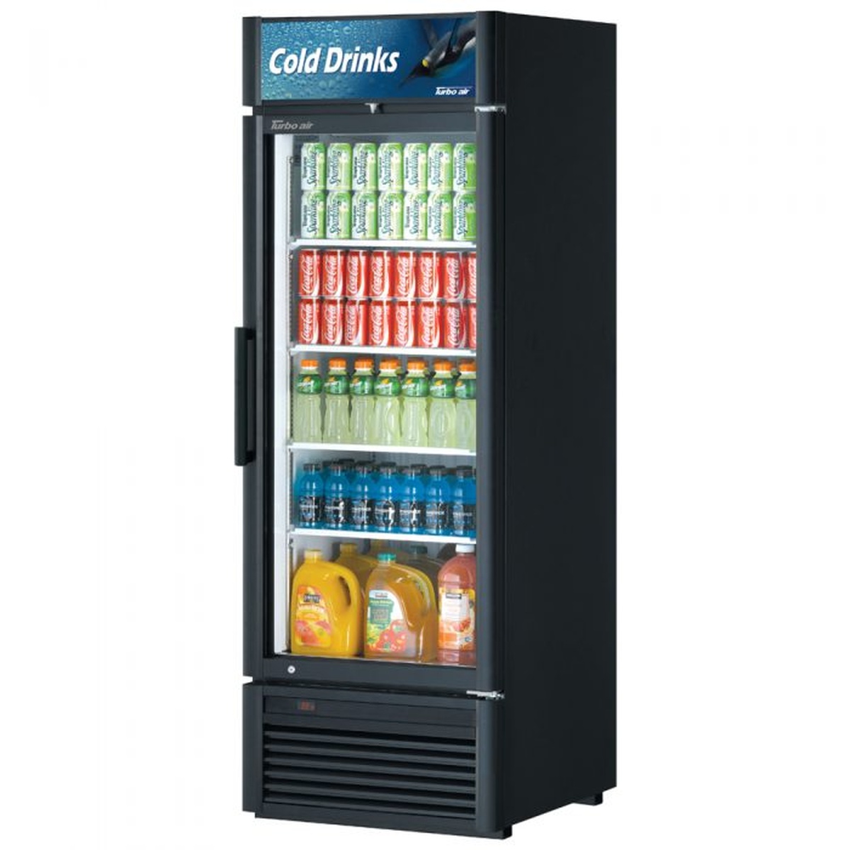 Turbo Air TGM-23SD-N6 black one-section glass door merchandiser refrigerator stocked with beverages