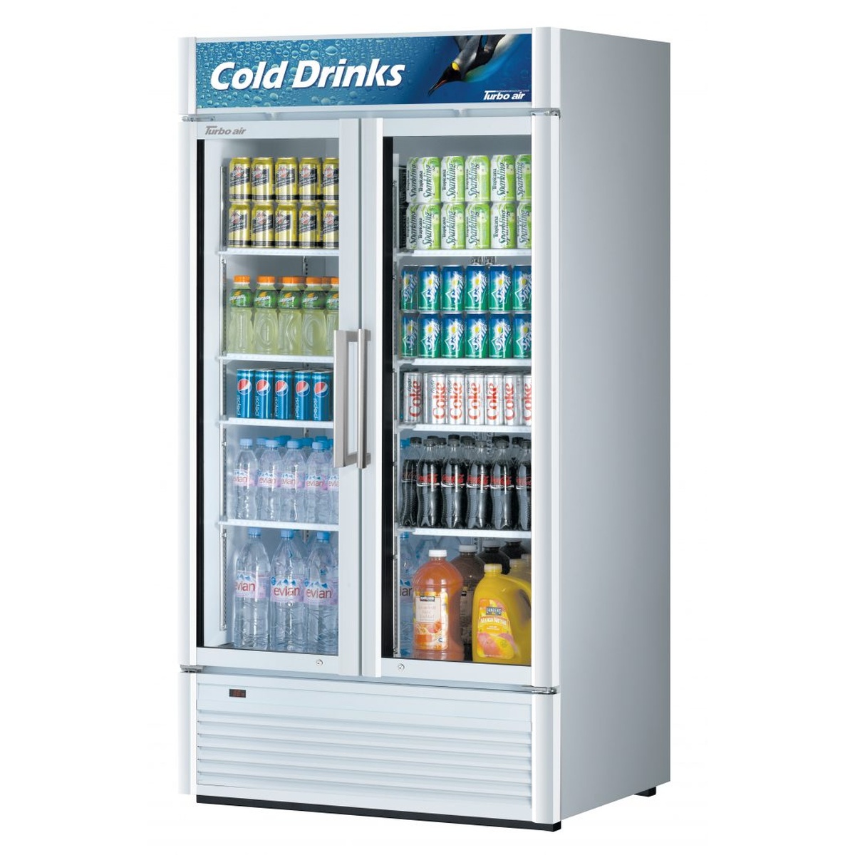 Turbo Air TGM-35SD-N white two-section glass door merchandiser refrigerator stocked with beverages